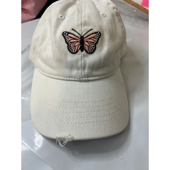 Unbranded Accessories - Butterfly Embroidered Distressed Dad Hat Cream Off-White Adjustable Baseball Cap